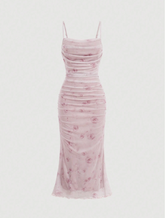 Floral Print Ruched Mesh Cami Long Dress
